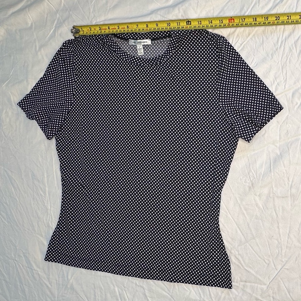 St. John Navy White Polka Dot Stretch Tee Top Size L Fitted Designer Quiet Lux - Picture 11 of 12